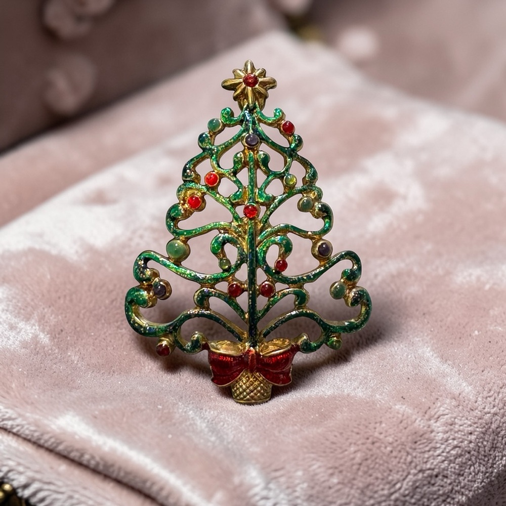 Vintage Signed Christopher Radko Christmas Tree Brooch